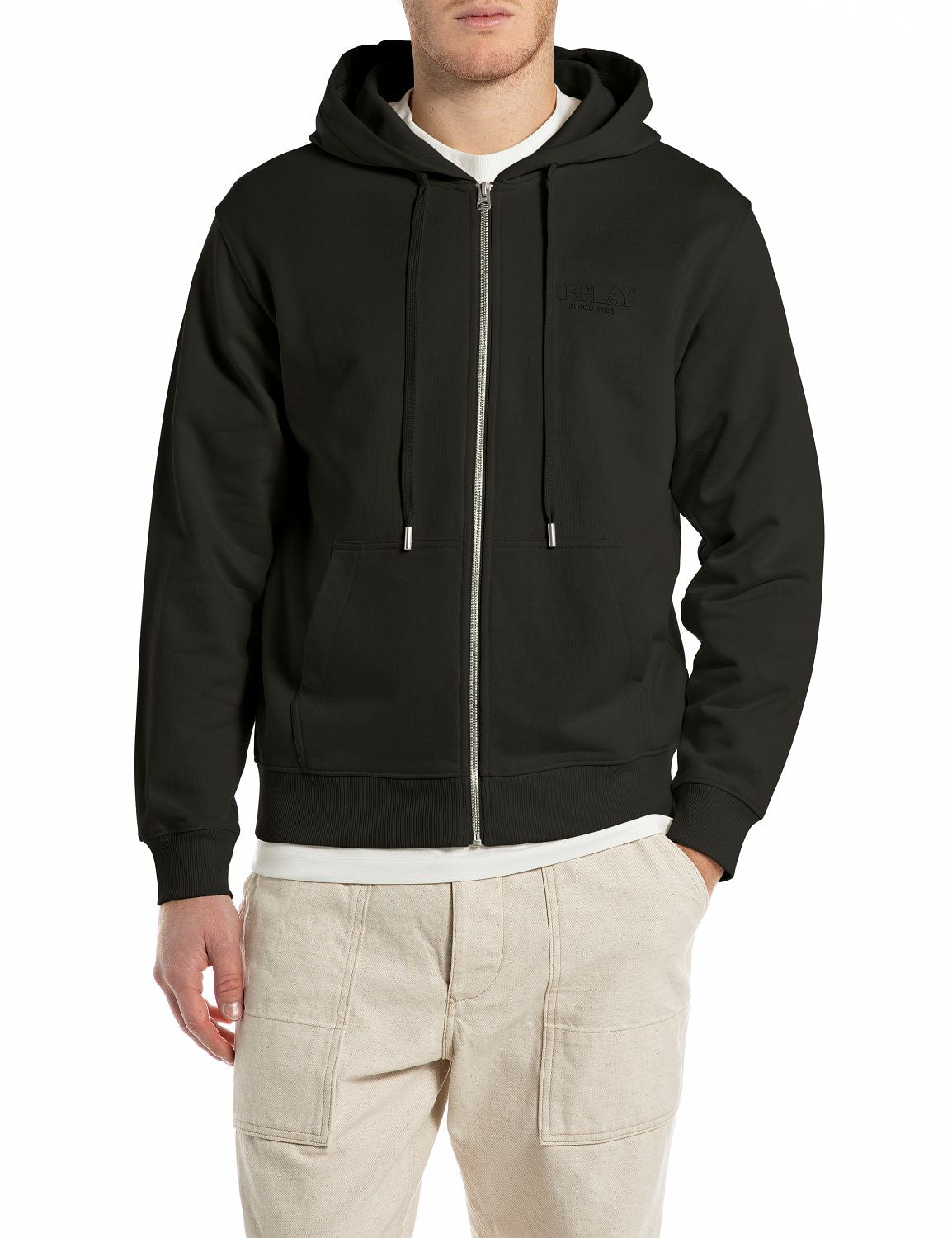 Pánská mikina na zip s kapucí a jemným nápisem "Replay"