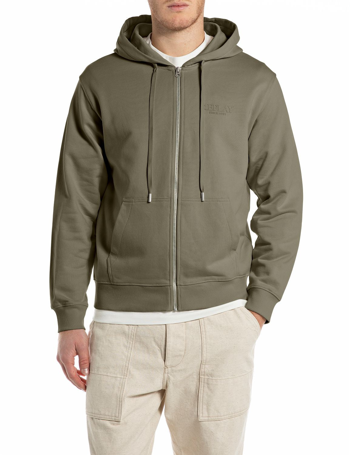 Pánská mikina na zip s kapucí a jemným nápisem "Replay"