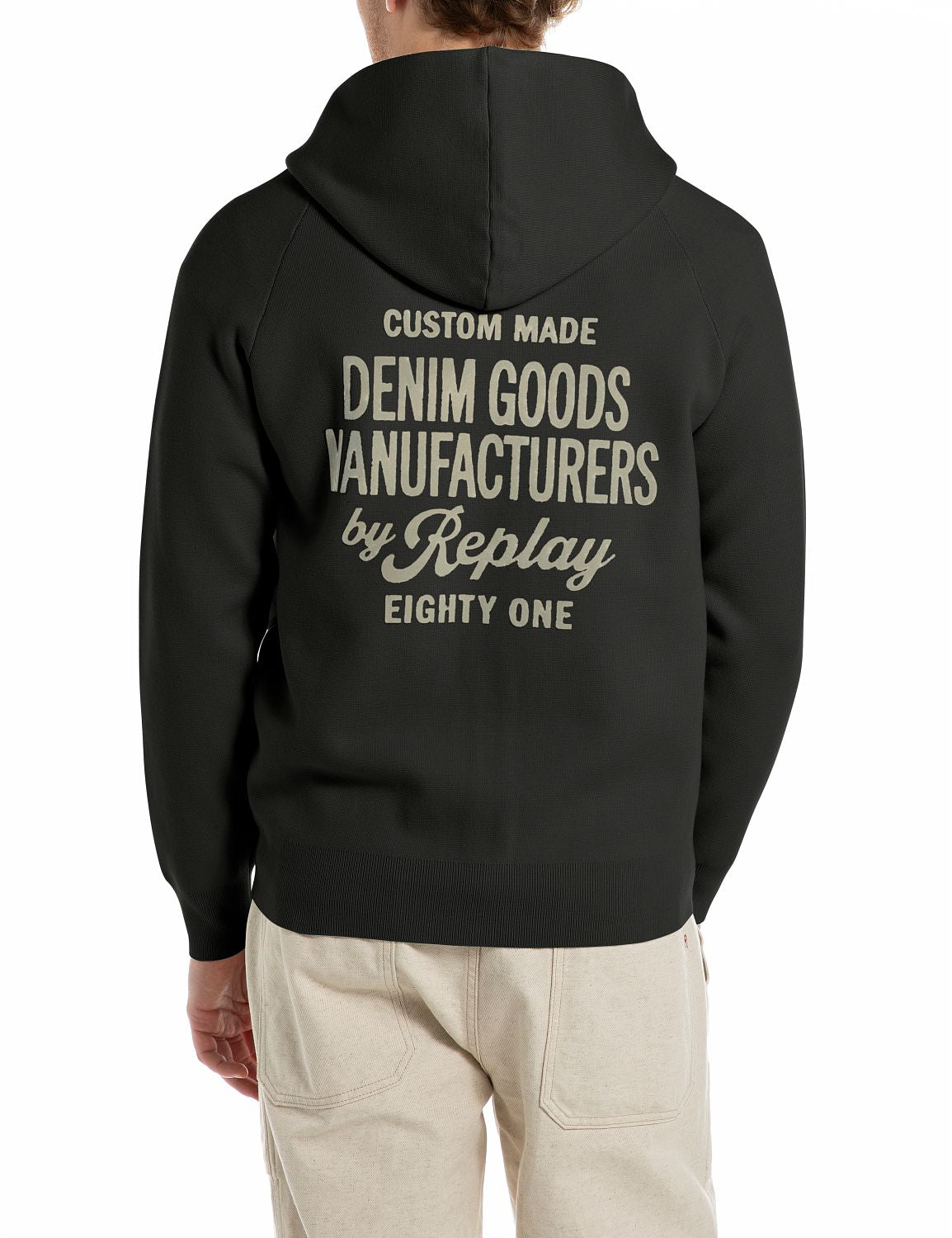 Pánský svetr na zip s kapucí a nápisem na zádech