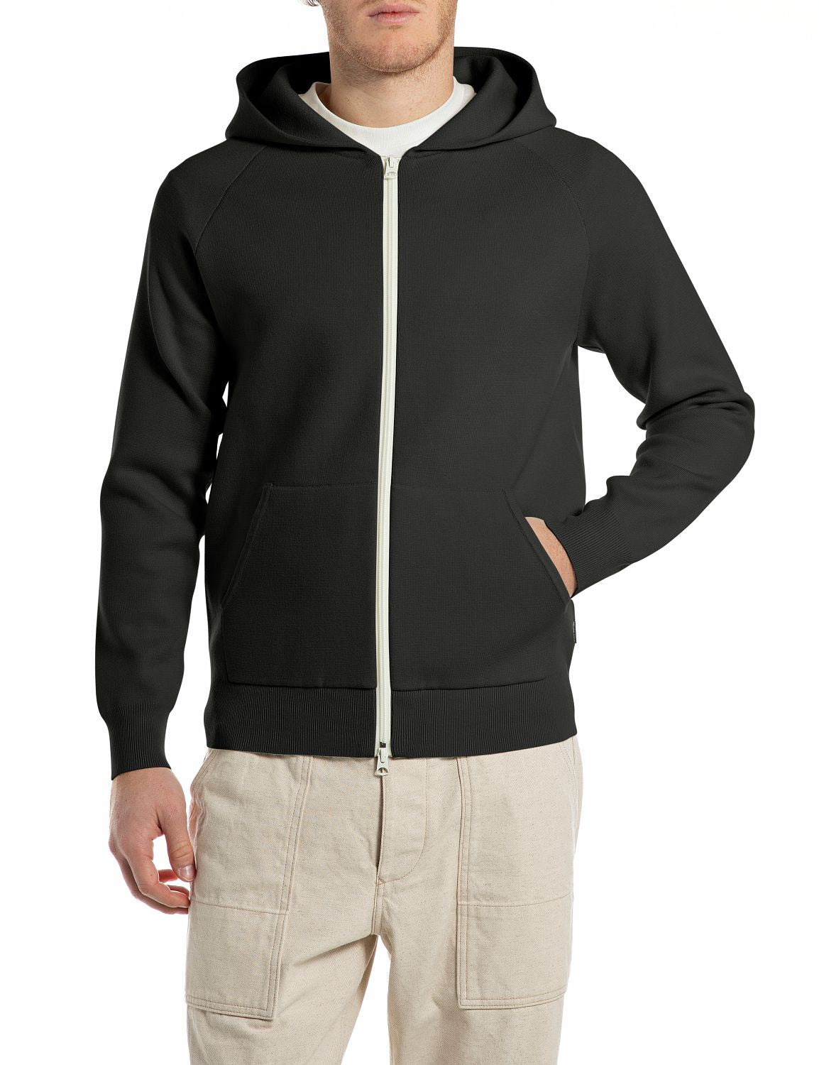 Pánský svetr na zip s kapucí a nápisem na zádech