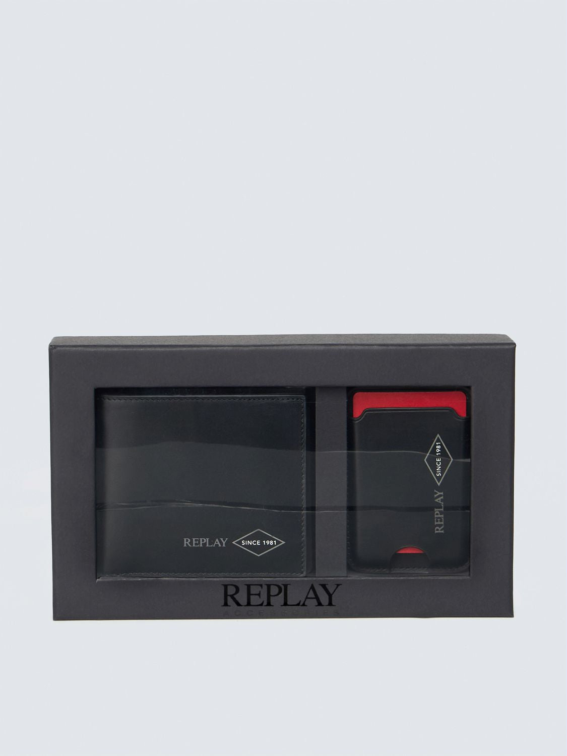 REPLAY PÁNSKÝ KOŽENÝ SET PENĚŽENKY A MAGNETICKÉHO POUZDRA NA KARTY – ČERNÝ