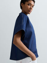 MODRÁ DŽÍNOVÁ KOŠILE S KRÁTKÝM RUKÁVEM