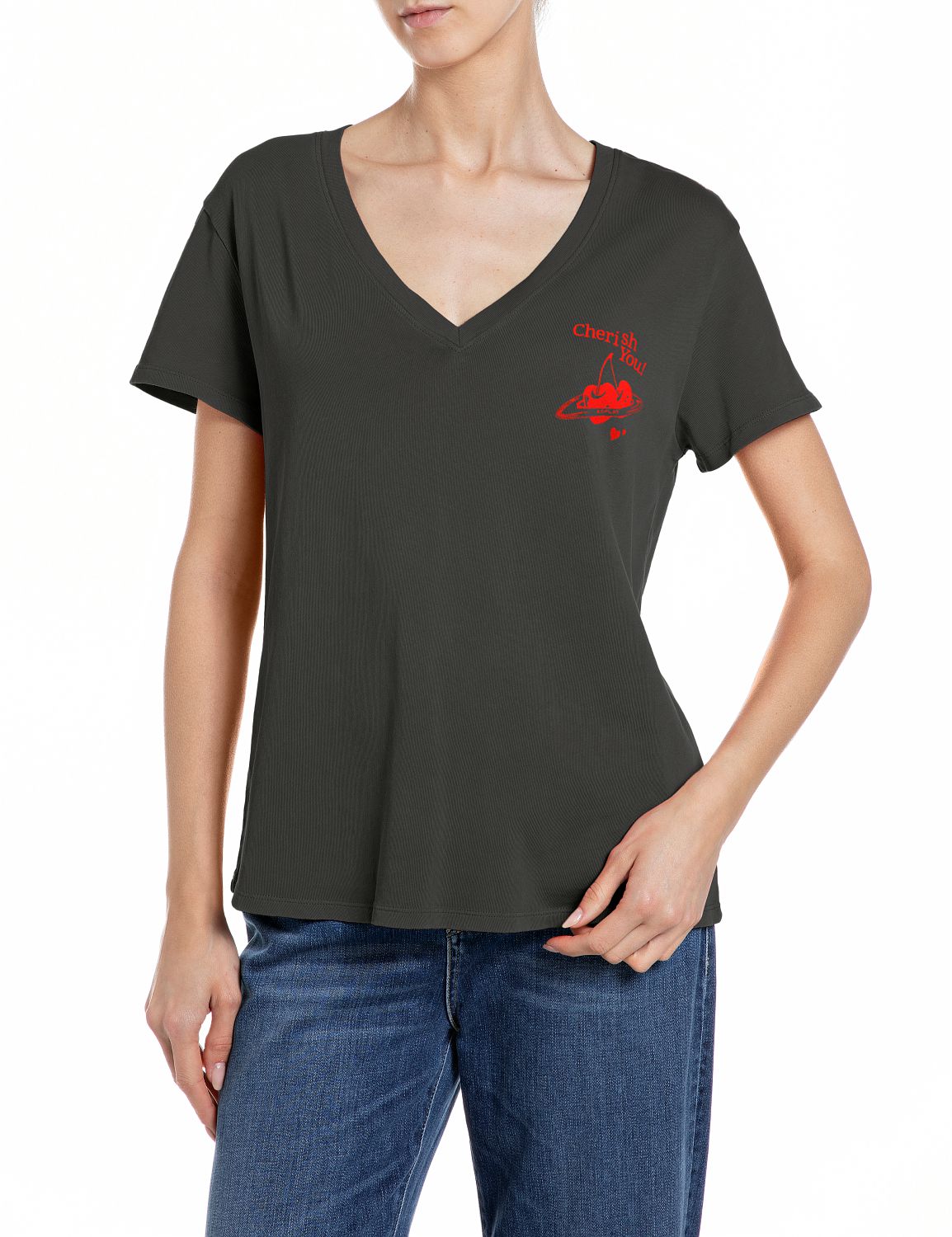 DÁMSKÉ TRIČKO S VÝSTŘIHEM DO V A JEMNÝM POTISKEM