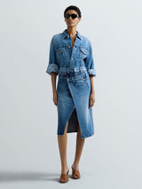 DŽÍNOVÁ MIDI SUKNĚ S PŘEKLÁDANÝM ZAPÍNÁNÍM