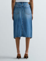 DŽÍNOVÁ MIDI SUKNĚ S PŘEKLÁDANÝM ZAPÍNÁNÍM