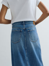 DŽÍNOVÁ MIDI SUKNĚ S PŘEKLÁDANÝM ZAPÍNÁNÍM